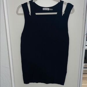 Calvin Klein Black V-Neck Knit Tank Top with Cutouts on Shoulder | XL